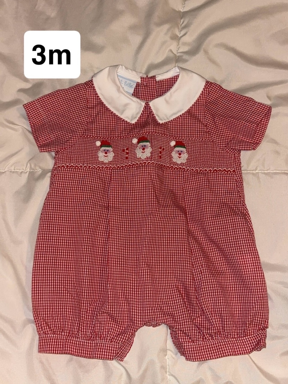 Red Gingham Santa Embroidered Baby One-Piece